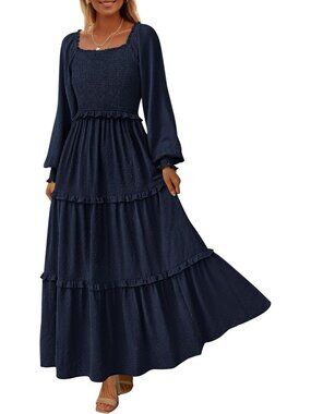 Women's Navy Long Sleeve Smocked Square Neck Swiss Dot Tiered Flowy Maxi Dress
